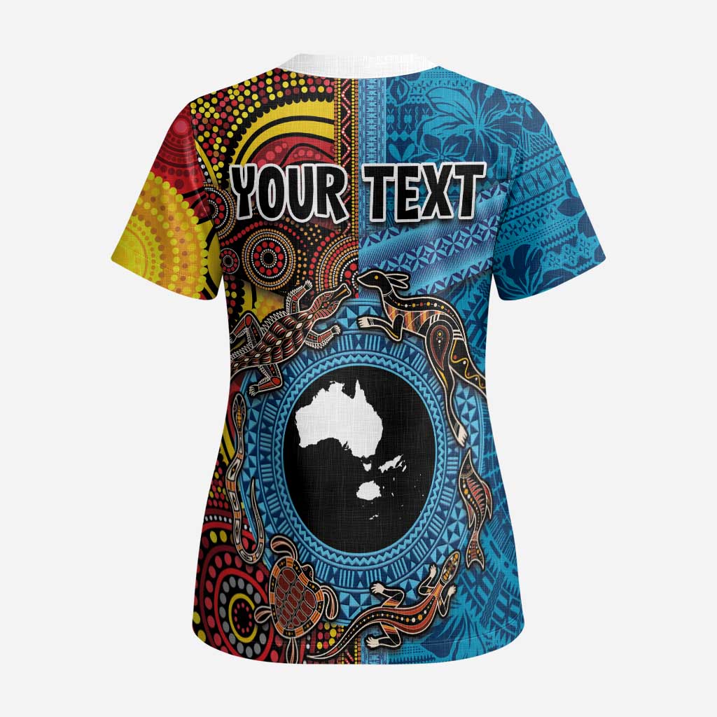 Personalised Australia and Fiji Together Scrub Top Tribal Palm Tree with Tapa and Aboriginal Animals Half Style - Polynesian Pride