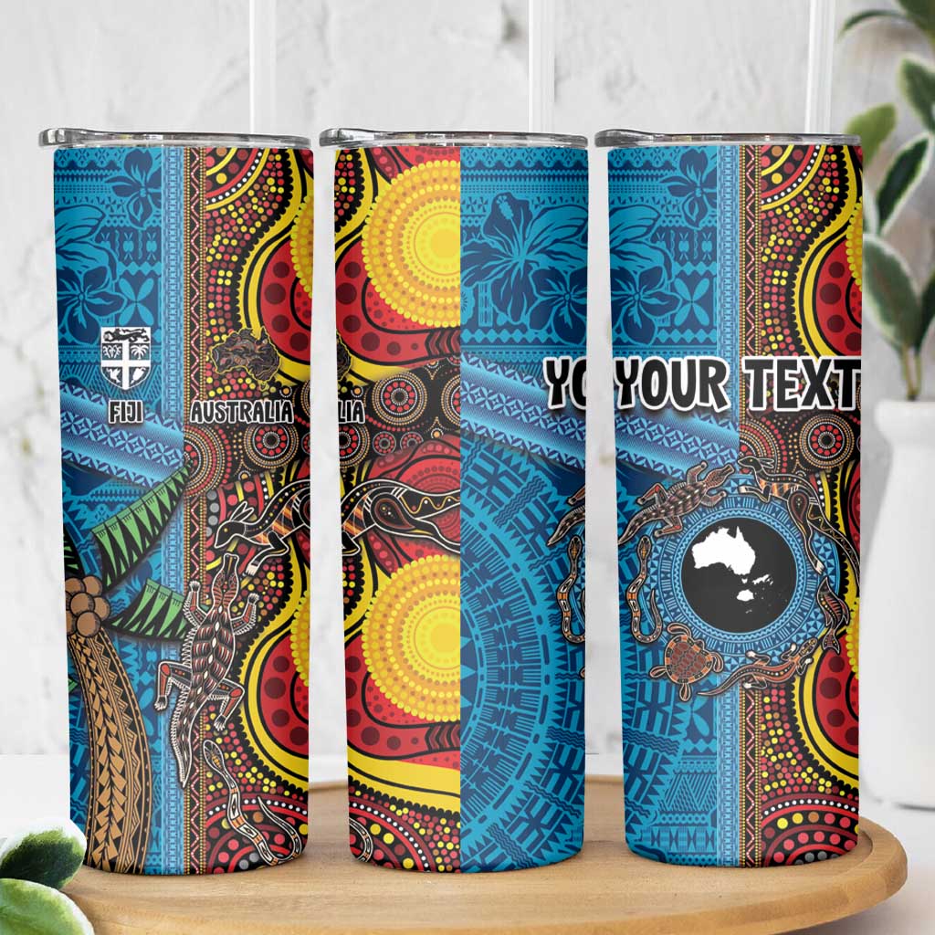 Personalised Australia and Fiji Together Skinny Tumbler Tribal Palm Tree with Tapa and Aboriginal Animals Half Style