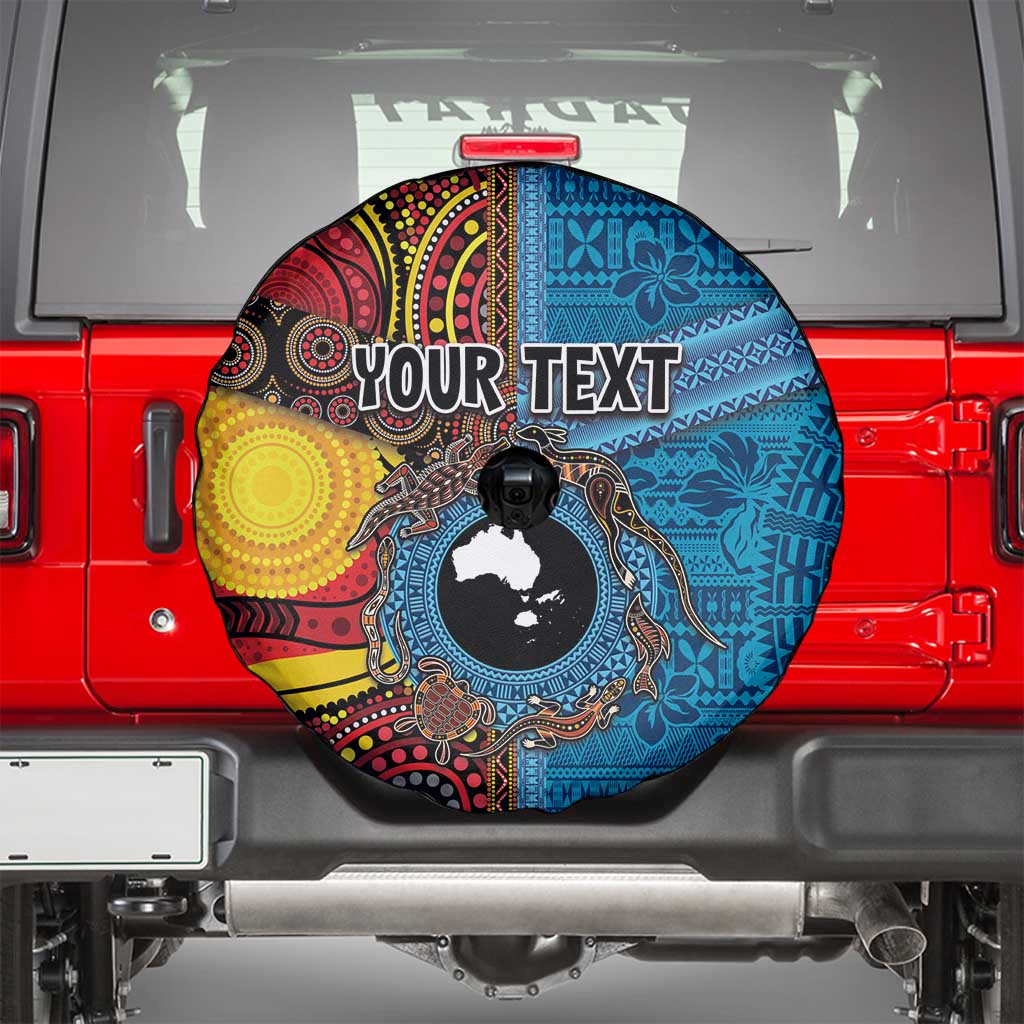 Personalised Australia and Fiji Together Spare Tire Cover Tribal Palm Tree with Tapa and Aboriginal Animals Half Style