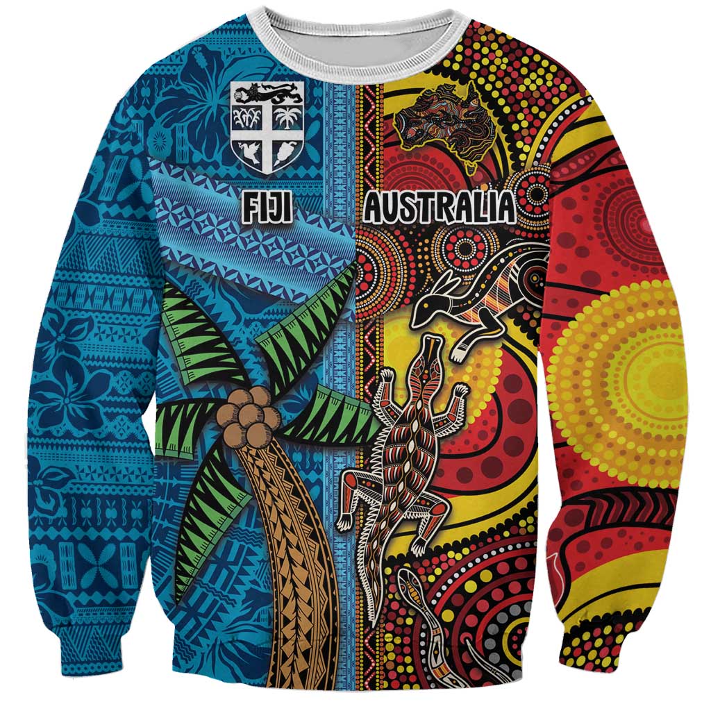 Personalised Australia and Fiji Together Sweatshirt Tribal Palm Tree with Tapa and Aboriginal Animals Half Style
