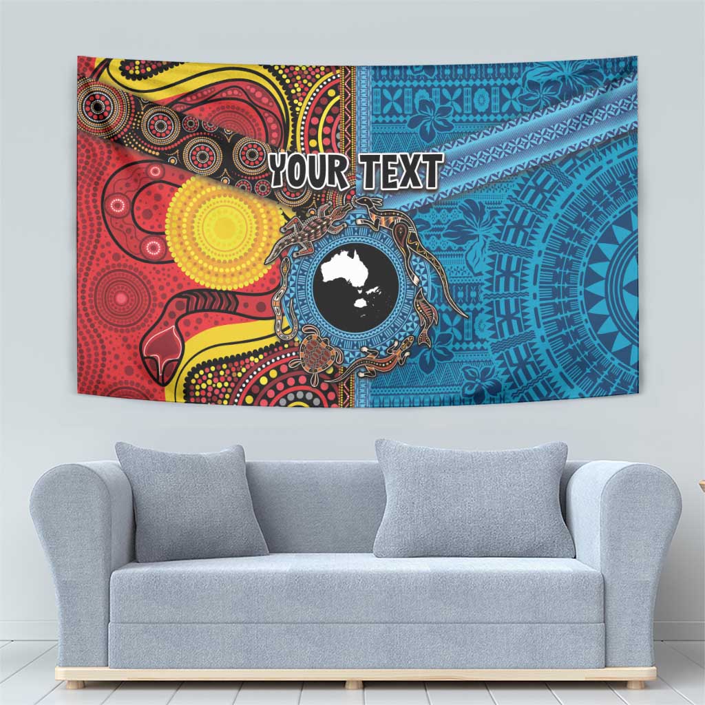 Personalised Australia and Fiji Together Tapestry Tribal Palm Tree with Tapa and Aboriginal Animals Half Style