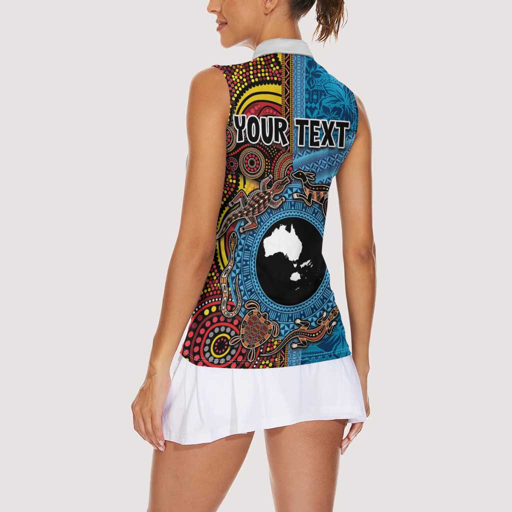 Personalised Australia and Fiji Together Women Sleeveless Polo Shirt Tribal Palm Tree with Tapa and Aboriginal Animals Half Style