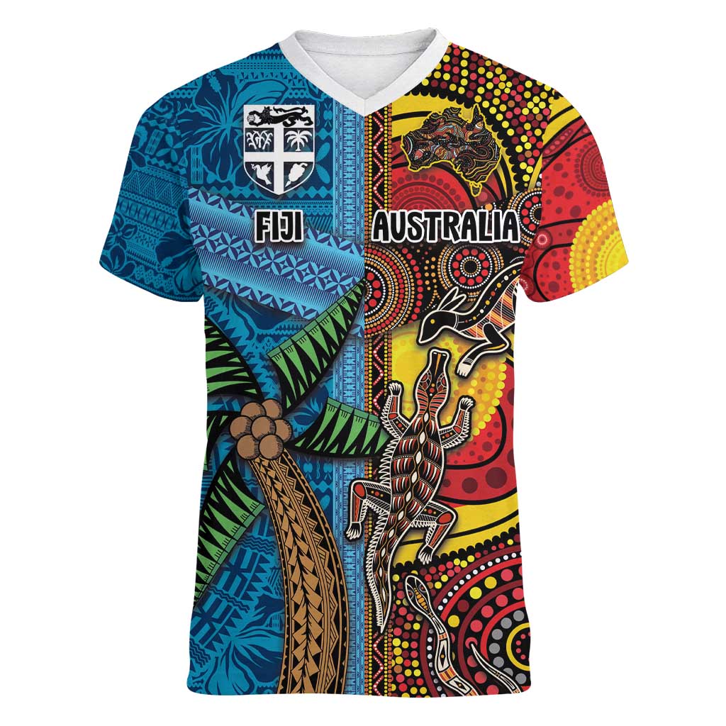 Personalised Australia and Fiji Together Women V-Neck T-Shirt Tribal Palm Tree with Tapa and Aboriginal Animals Half Style