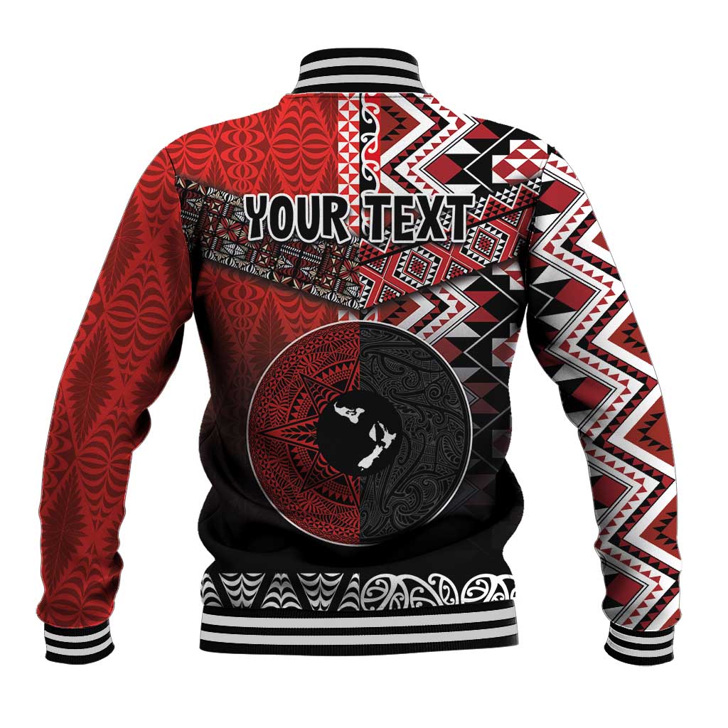 Personalised Aotearoa and Tonga Together Baseball Jacket Manaia and Tongan Tribal Cross - Taniko and Ngatu Art Tattoo
