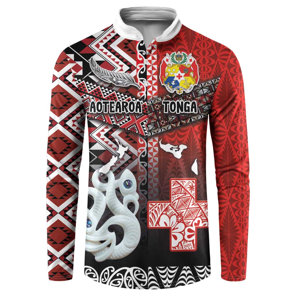 Personalised Aotearoa and Tonga Together Button Sweatshirt Manaia and Tongan Tribal Cross - Taniko and Ngatu Art Tattoo