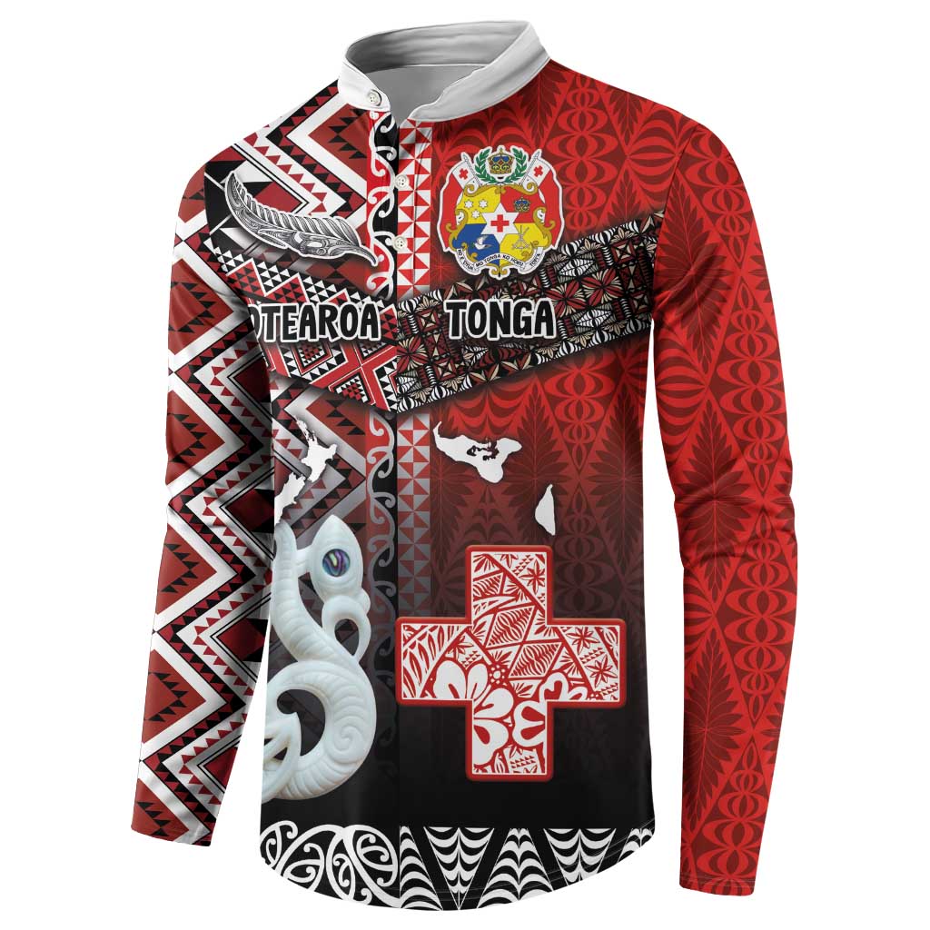 Personalised Aotearoa and Tonga Together Button Sweatshirt Manaia and Tongan Tribal Cross - Taniko and Ngatu Art Tattoo