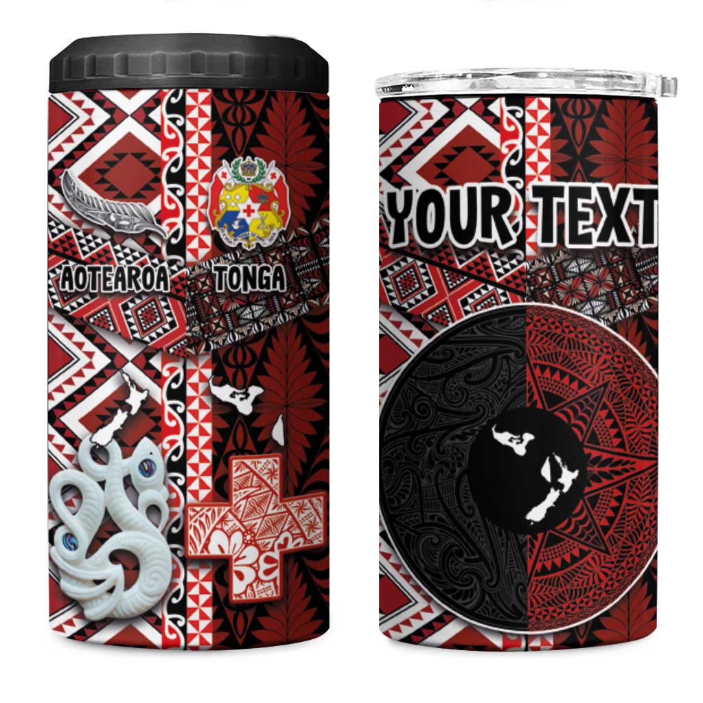 Personalised Aotearoa and Tonga Together 4 in 1 Can Cooler Tumbler Manaia and Tongan Tribal Cross - Taniko and Ngatu Art Tattoo LT03 One Size: 16 oz Red - Polynesian Pride