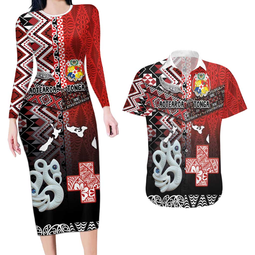 Personalised Aotearoa and Tonga Together Couples Matching Long Sleeve Bodycon Dress and Hawaiian Shirt Manaia and Tongan Tribal Cross - Taniko and Ngatu Art Tattoo