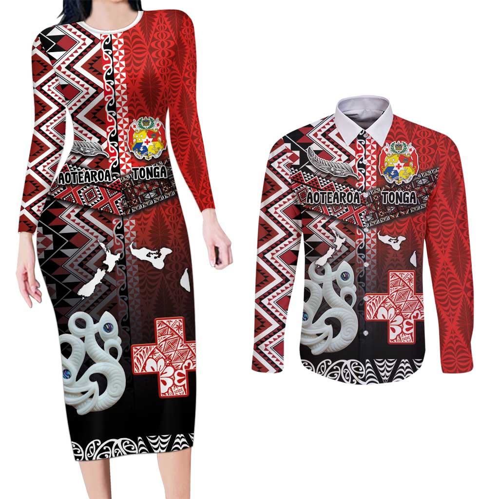Personalised Aotearoa and Tonga Together Couples Matching Long Sleeve Bodycon Dress and Long Sleeve Button Shirt Manaia and Tongan Tribal Cross - Taniko and Ngatu Art Tattoo
