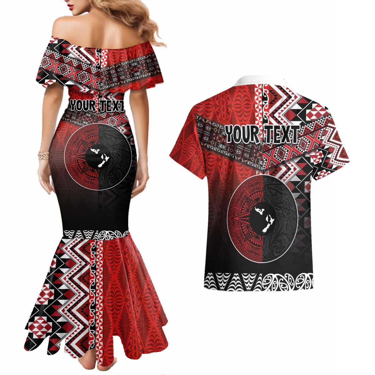 Personalised Aotearoa and Tonga Together Couples Matching Mermaid Dress and Hawaiian Shirt Manaia and Tongan Tribal Cross - Taniko and Ngatu Art Tattoo