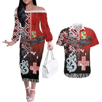 Personalised Aotearoa and Tonga Together Couples Matching Off The Shoulder Long Sleeve Dress and Hawaiian Shirt Manaia and Tongan Tribal Cross - Taniko and Ngatu Art Tattoo