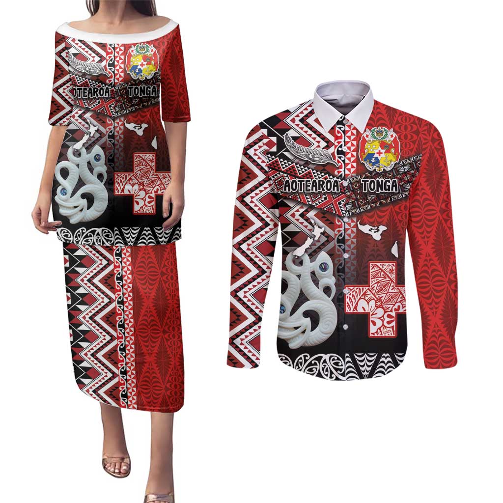 Personalised Aotearoa and Tonga Together Couples Matching Puletasi and Long Sleeve Button Shirt Manaia and Tongan Tribal Cross - Taniko and Ngatu Art Tattoo