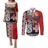 Personalised Aotearoa and Tonga Together Couples Matching Puletasi and Long Sleeve Button Shirt Manaia and Tongan Tribal Cross - Taniko and Ngatu Art Tattoo