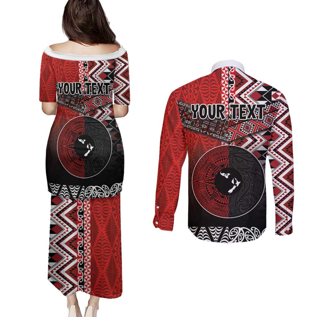 Personalised Aotearoa and Tonga Together Couples Matching Puletasi and Long Sleeve Button Shirt Manaia and Tongan Tribal Cross - Taniko and Ngatu Art Tattoo