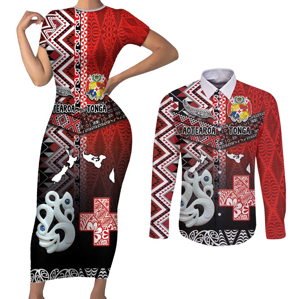 Personalised Aotearoa and Tonga Together Couples Matching Short Sleeve Bodycon Dress and Long Sleeve Button Shirt Manaia and Tongan Tribal Cross - Taniko and Ngatu Art Tattoo