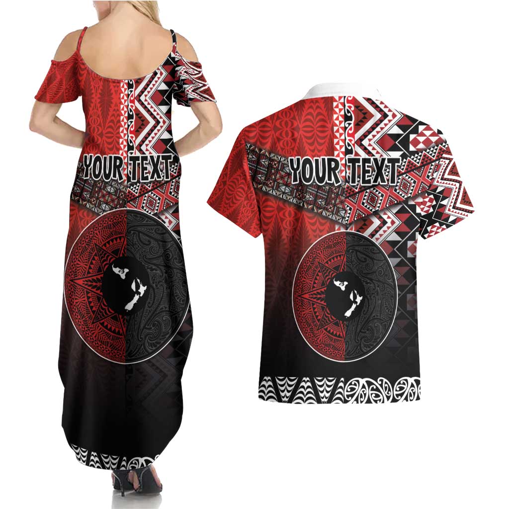 Personalised Aotearoa and Tonga Together Couples Matching Summer Maxi Dress and Hawaiian Shirt Manaia and Tongan Tribal Cross - Taniko and Ngatu Art Tattoo