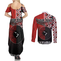 Personalised Aotearoa and Tonga Together Couples Matching Summer Maxi Dress and Long Sleeve Button Shirt Manaia and Tongan Tribal Cross - Taniko and Ngatu Art Tattoo