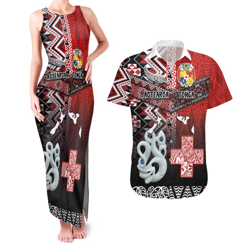 Personalised Aotearoa and Tonga Together Couples Matching Tank Maxi Dress and Hawaiian Shirt Manaia and Tongan Tribal Cross - Taniko and Ngatu Art Tattoo