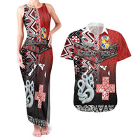 Personalised Aotearoa and Tonga Together Couples Matching Tank Maxi Dress and Hawaiian Shirt Manaia and Tongan Tribal Cross - Taniko and Ngatu Art Tattoo
