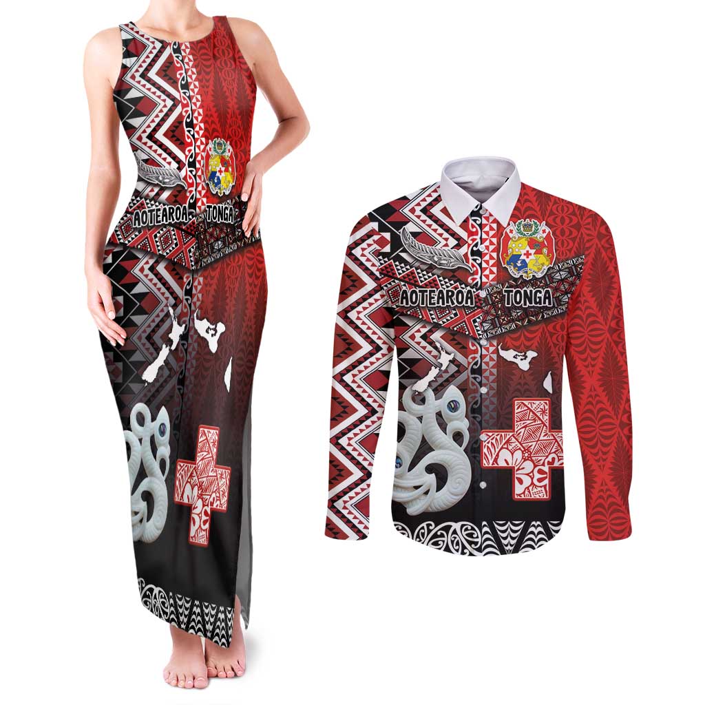 Personalised Aotearoa and Tonga Together Couples Matching Tank Maxi Dress and Long Sleeve Button Shirt Manaia and Tongan Tribal Cross - Taniko and Ngatu Art Tattoo