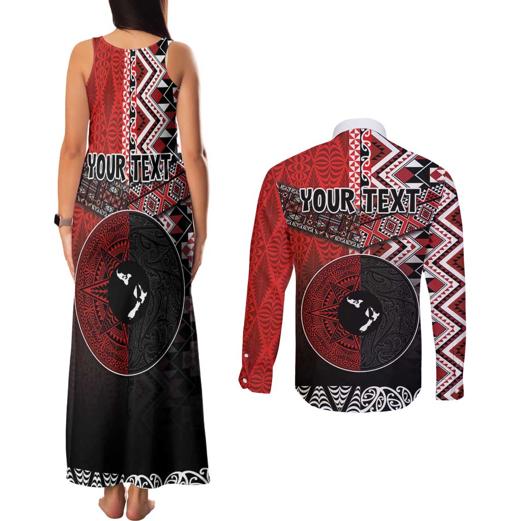 Personalised Aotearoa and Tonga Together Couples Matching Tank Maxi Dress and Long Sleeve Button Shirt Manaia and Tongan Tribal Cross - Taniko and Ngatu Art Tattoo