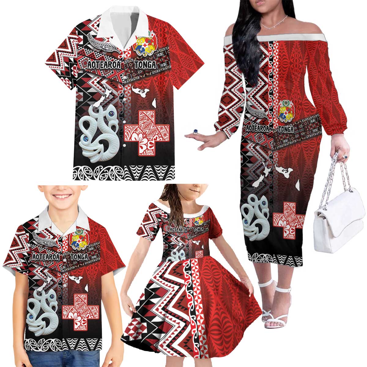 Personalised Aotearoa and Tonga Together Family Matching Off The Shoulder Long Sleeve Dress and Hawaiian Shirt Manaia and Tongan Tribal Cross - Taniko and Ngatu Art Tattoo