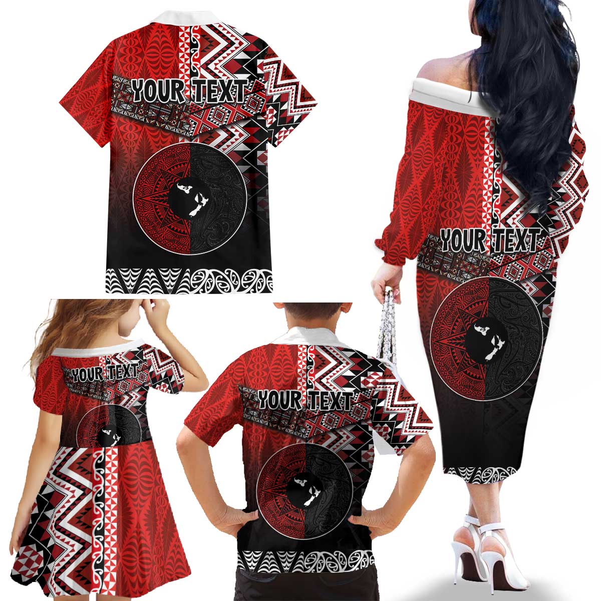 Personalised Aotearoa and Tonga Together Family Matching Off The Shoulder Long Sleeve Dress and Hawaiian Shirt Manaia and Tongan Tribal Cross - Taniko and Ngatu Art Tattoo
