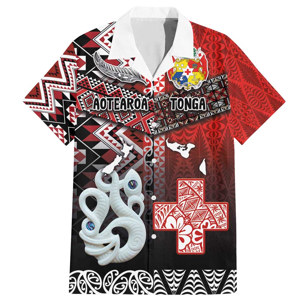 Personalised Aotearoa and Tonga Together Family Matching Puletasi and Hawaiian Shirt Manaia and Tongan Tribal Cross - Taniko and Ngatu Art Tattoo