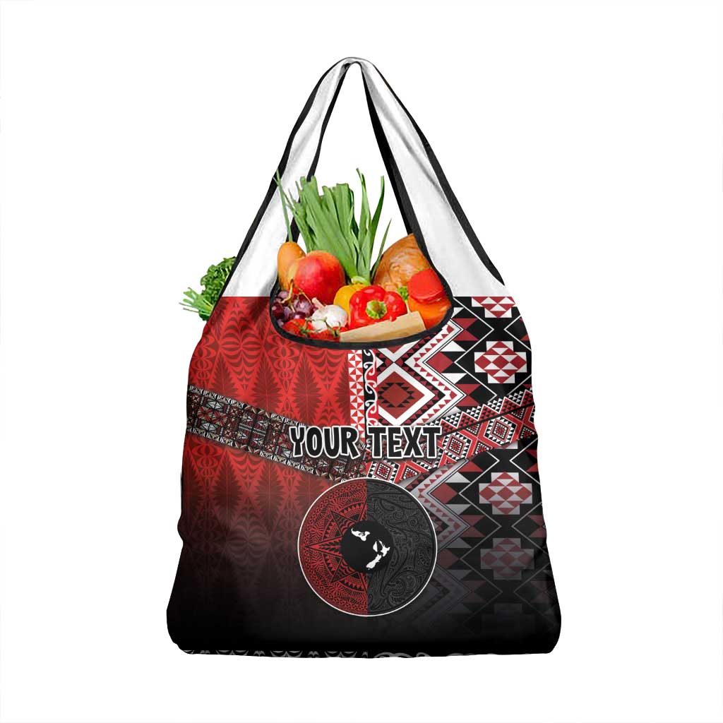 Personalised Aotearoa and Tonga Together Grocery Bag Manaia and Tongan Tribal Cross - Taniko and Ngatu Art Tattoo