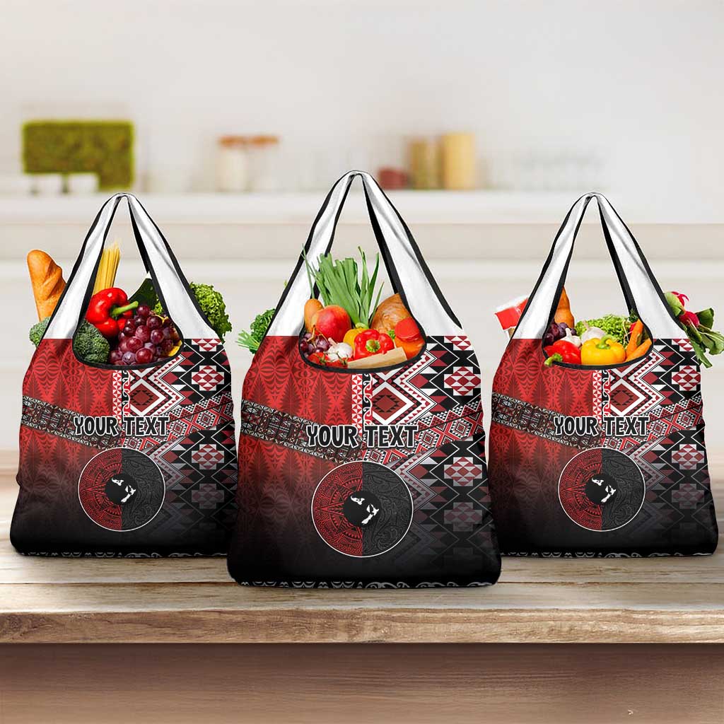 Personalised Aotearoa and Tonga Together Grocery Bag Manaia and Tongan Tribal Cross - Taniko and Ngatu Art Tattoo