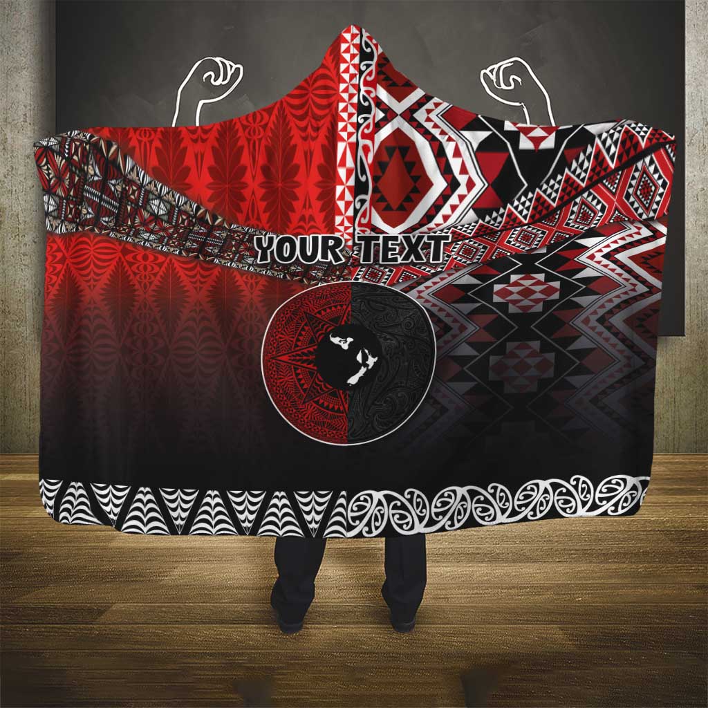 Personalised Aotearoa and Tonga Together Hooded Blanket Manaia and Tongan Tribal Cross - Taniko and Ngatu Art Tattoo