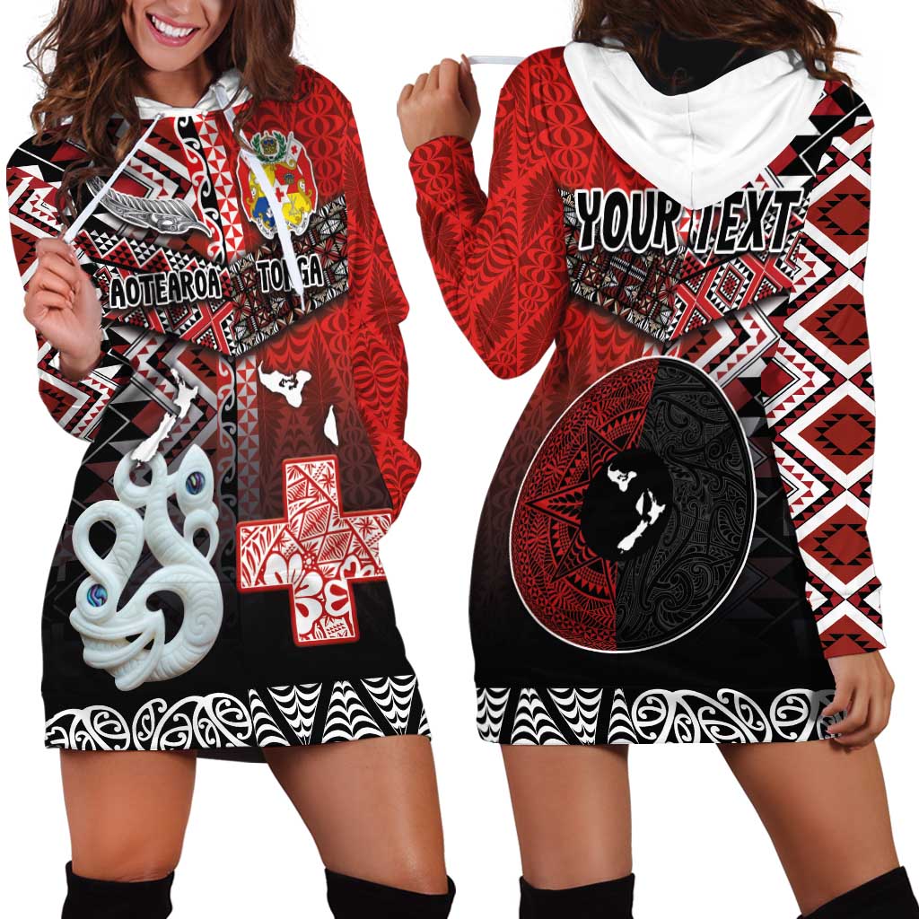 Personalised Aotearoa and Tonga Together Hoodie Dress Manaia and Tongan Tribal Cross - Taniko and Ngatu Art Tattoo