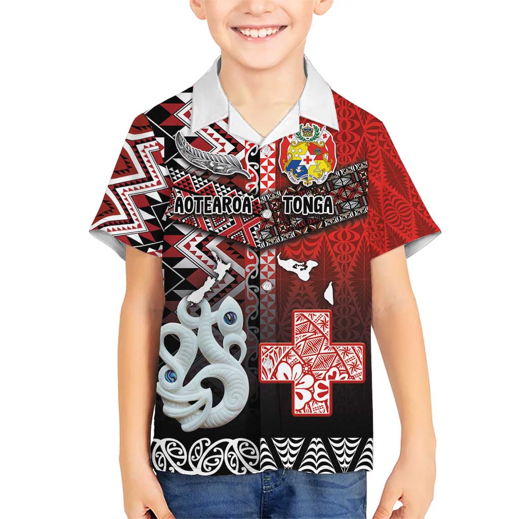 Personalised Aotearoa and Tonga Together Kid Hawaiian Shirt Manaia and Tongan Tribal Cross - Taniko and Ngatu Art Tattoo