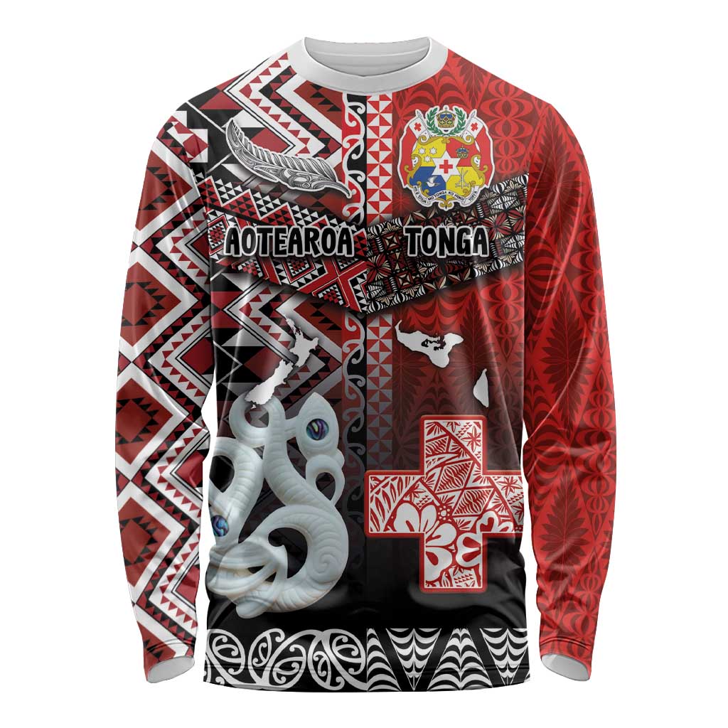 Personalised Aotearoa and Tonga Together Long Sleeve Shirt Manaia and Tongan Tribal Cross - Taniko and Ngatu Art Tattoo