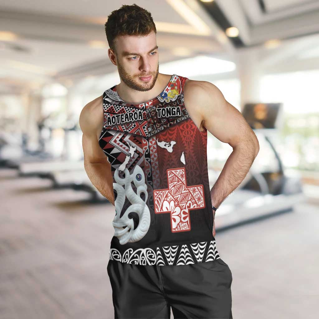 Personalised Aotearoa and Tonga Together Men Tank Top Manaia and Tongan Tribal Cross - Taniko and Ngatu Art Tattoo