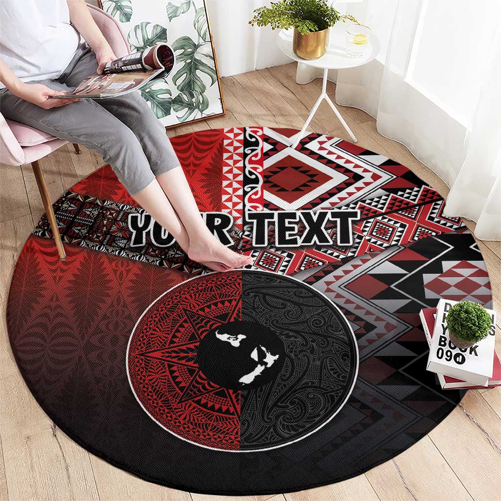 Personalised Aotearoa and Tonga Together Round Carpet Manaia and Tongan Tribal Cross - Taniko and Ngatu Art Tattoo