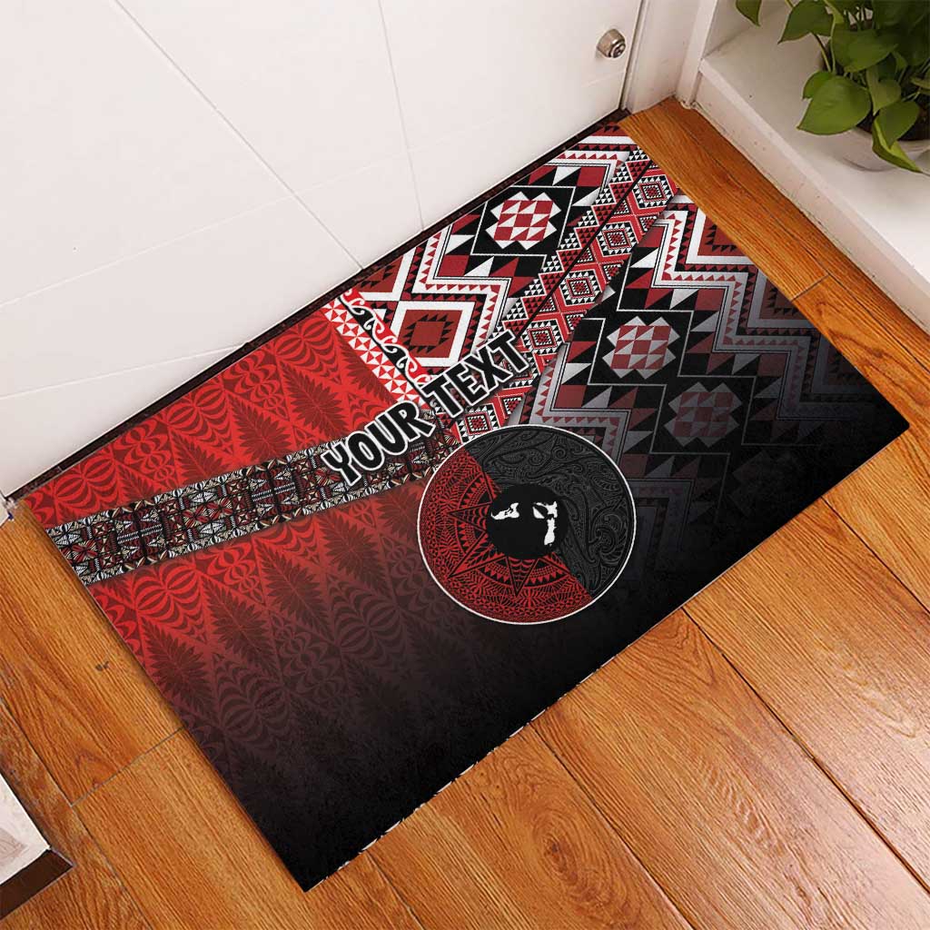 Personalised Aotearoa and Tonga Together Rubber Doormat Manaia and Tongan Tribal Cross - Taniko and Ngatu Art Tattoo