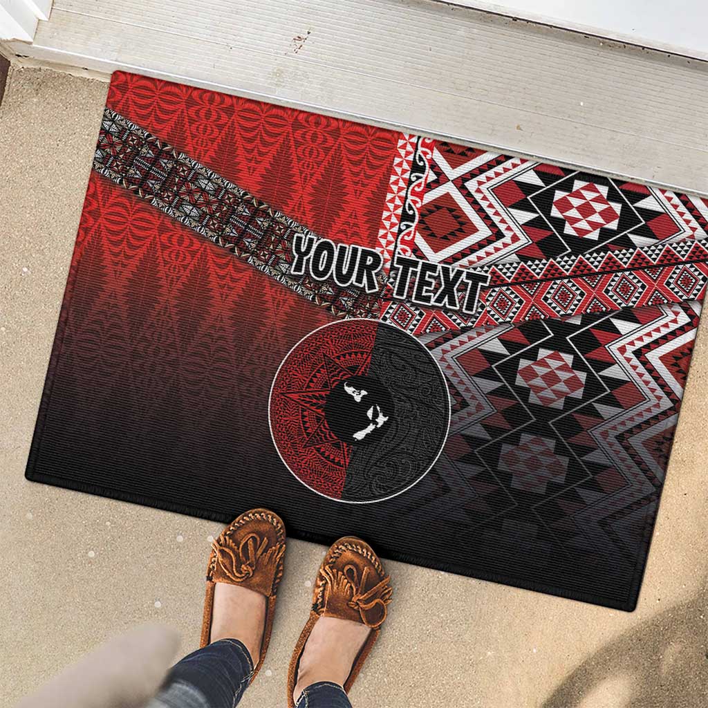 Personalised Aotearoa and Tonga Together Rubber Doormat Manaia and Tongan Tribal Cross - Taniko and Ngatu Art Tattoo