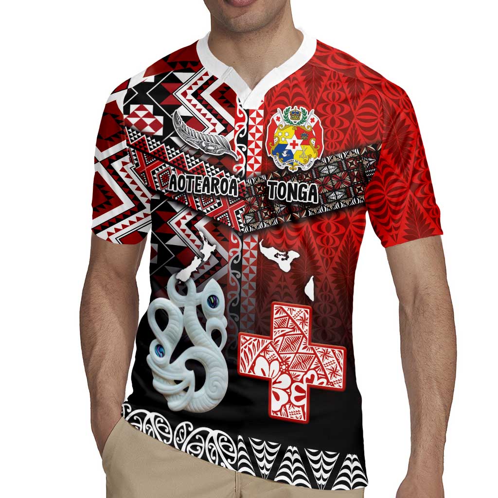 Personalised Aotearoa and Tonga Together Rugby Jersey Manaia and Tongan Tribal Cross - Taniko and Ngatu Art Tattoo