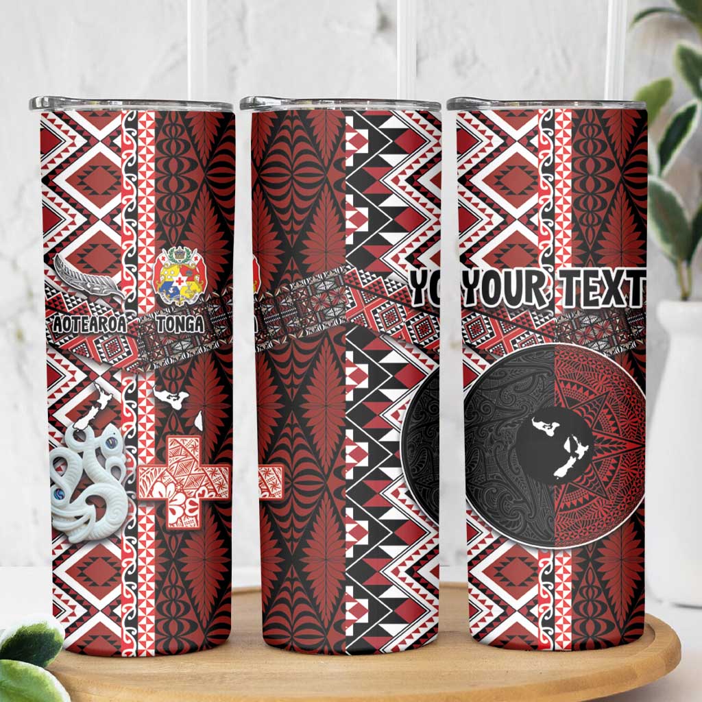 Personalised Aotearoa and Tonga Together Skinny Tumbler Manaia and Tongan Tribal Cross - Taniko and Ngatu Art Tattoo