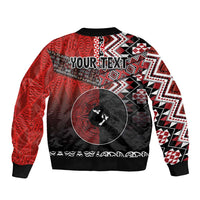 Personalised Aotearoa and Tonga Together Sleeve Zip Bomber Jacket Manaia and Tongan Tribal Cross - Taniko and Ngatu Art Tattoo