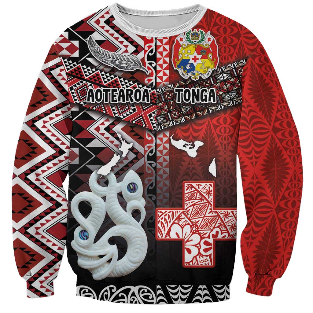 Personalised Aotearoa and Tonga Together Sweatshirt Manaia and Tongan Tribal Cross - Taniko and Ngatu Art Tattoo