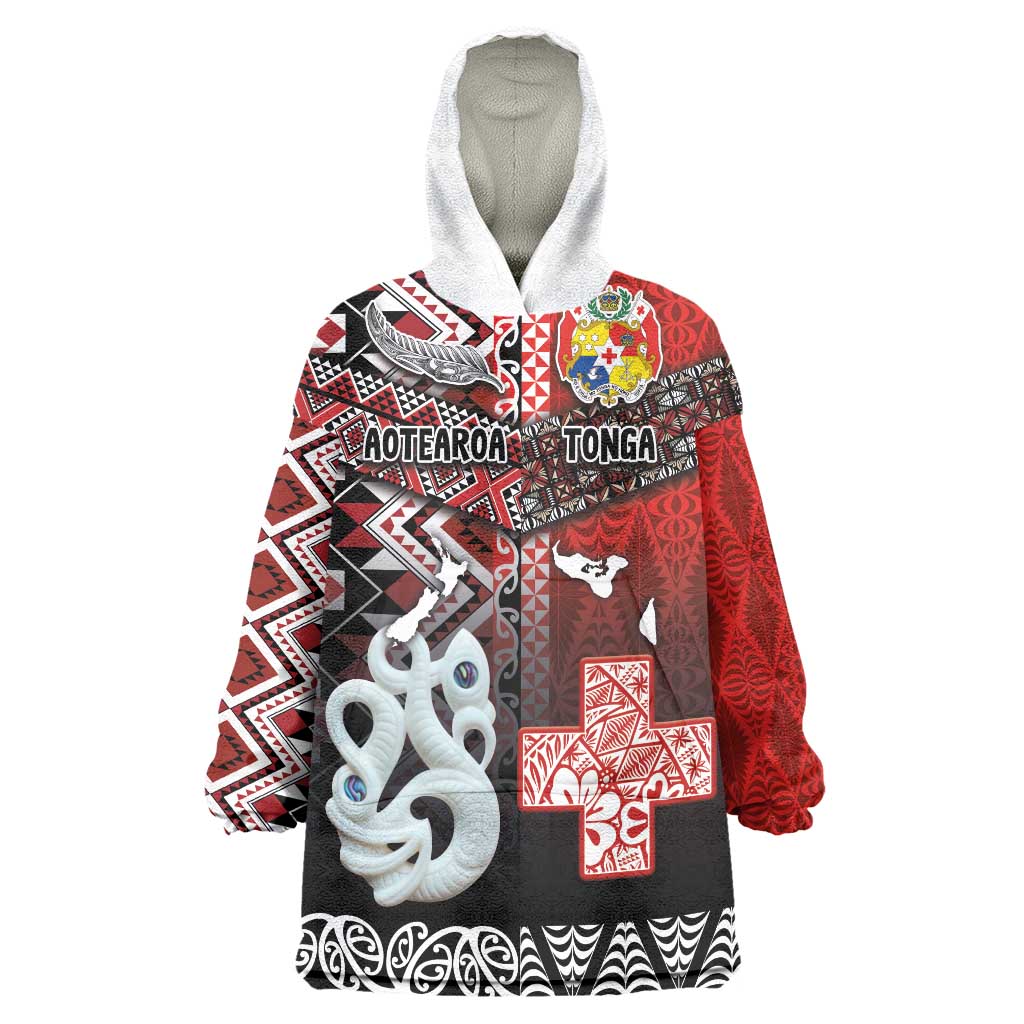 Personalised Aotearoa and Tonga Together Wearable Blanket Hoodie Manaia and Tongan Tribal Cross - Taniko and Ngatu Art Tattoo LT03 One Size Red - Polynesian Pride