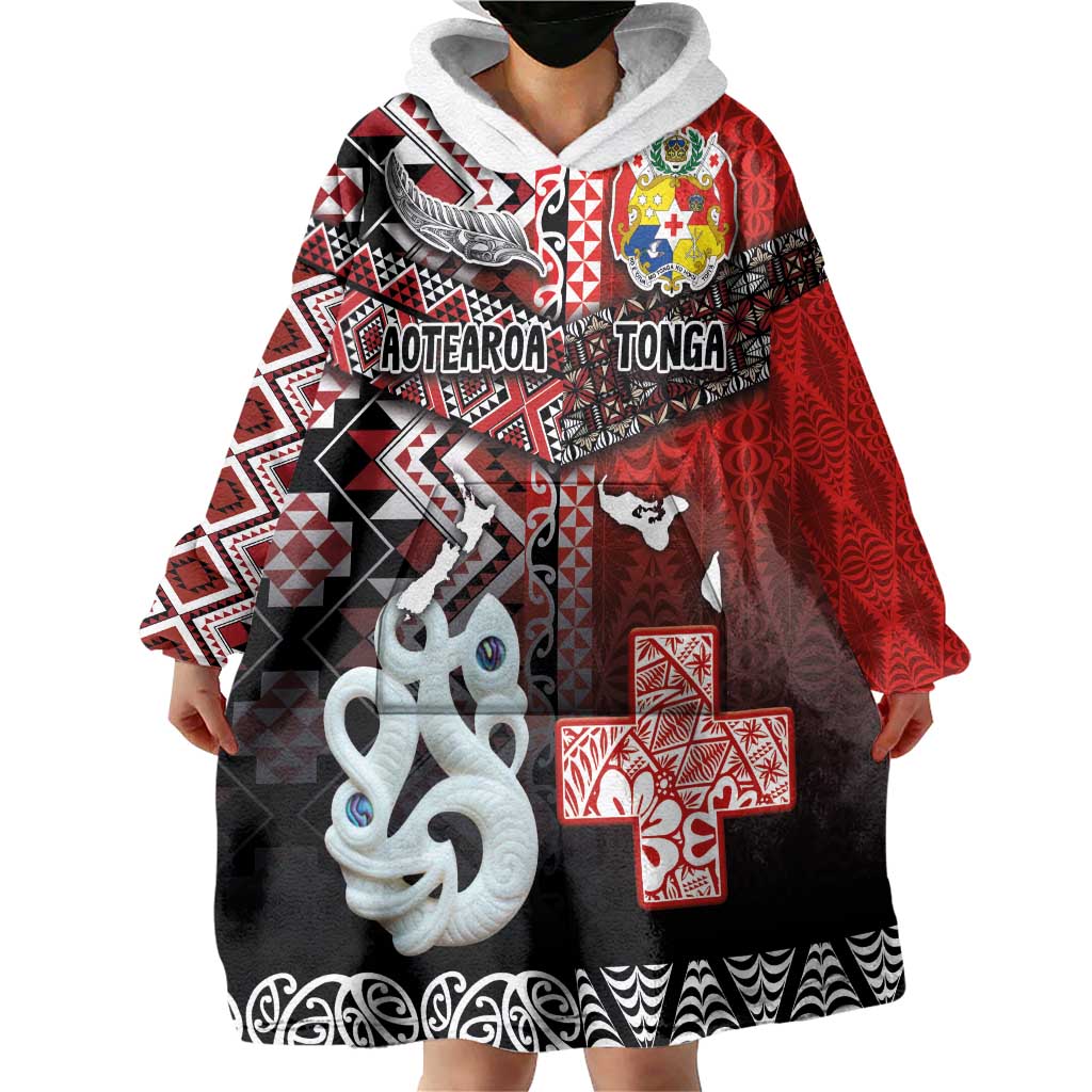 Personalised Aotearoa and Tonga Together Wearable Blanket Hoodie Manaia and Tongan Tribal Cross - Taniko and Ngatu Art Tattoo LT03 - Polynesian Pride
