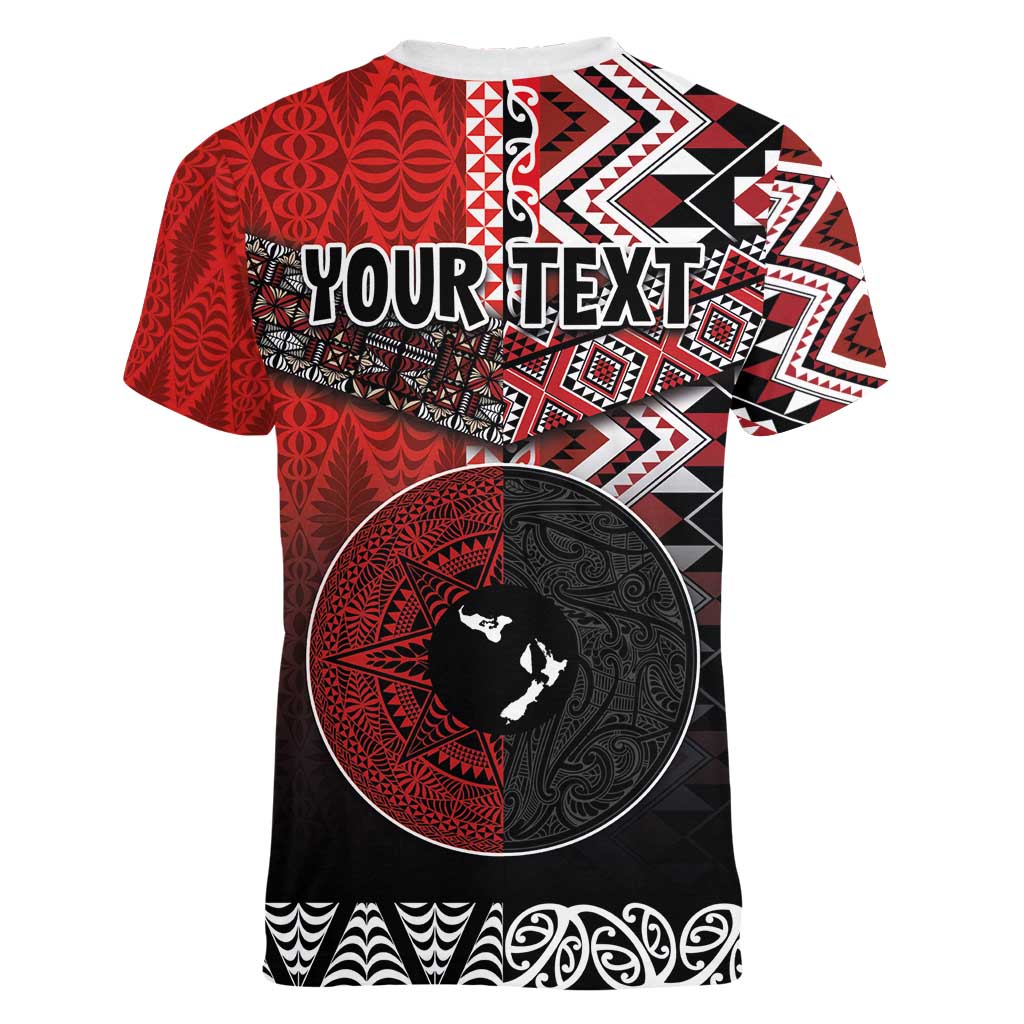 Personalised Aotearoa and Tonga Together Women V-Neck T-Shirt Manaia and Tongan Tribal Cross - Taniko and Ngatu Art Tattoo