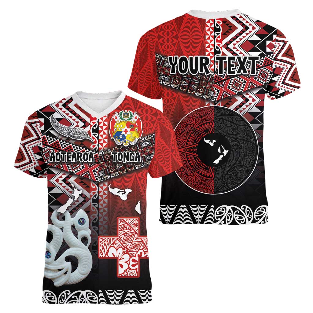 Personalised Aotearoa and Tonga Together Women V-Neck T-Shirt Manaia and Tongan Tribal Cross - Taniko and Ngatu Art Tattoo