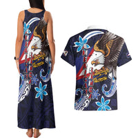 American Samoa Flag Day Couples Matching Tank Maxi Dress and Hawaiian Shirt Bald Eagle with Uatogi and Fue - Polynesian and Floral Tribal Tattoo