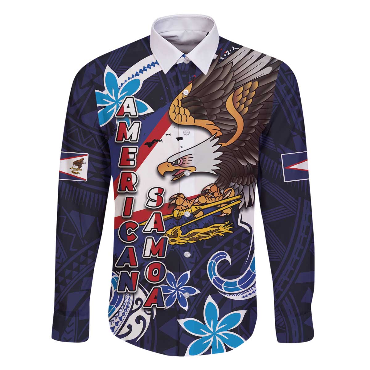 American Samoa Flag Day Family Matching Off The Shoulder Long Sleeve Dress and Hawaiian Shirt Bald Eagle with Uatogi and Fue - Polynesian and Floral Tribal Tattoo