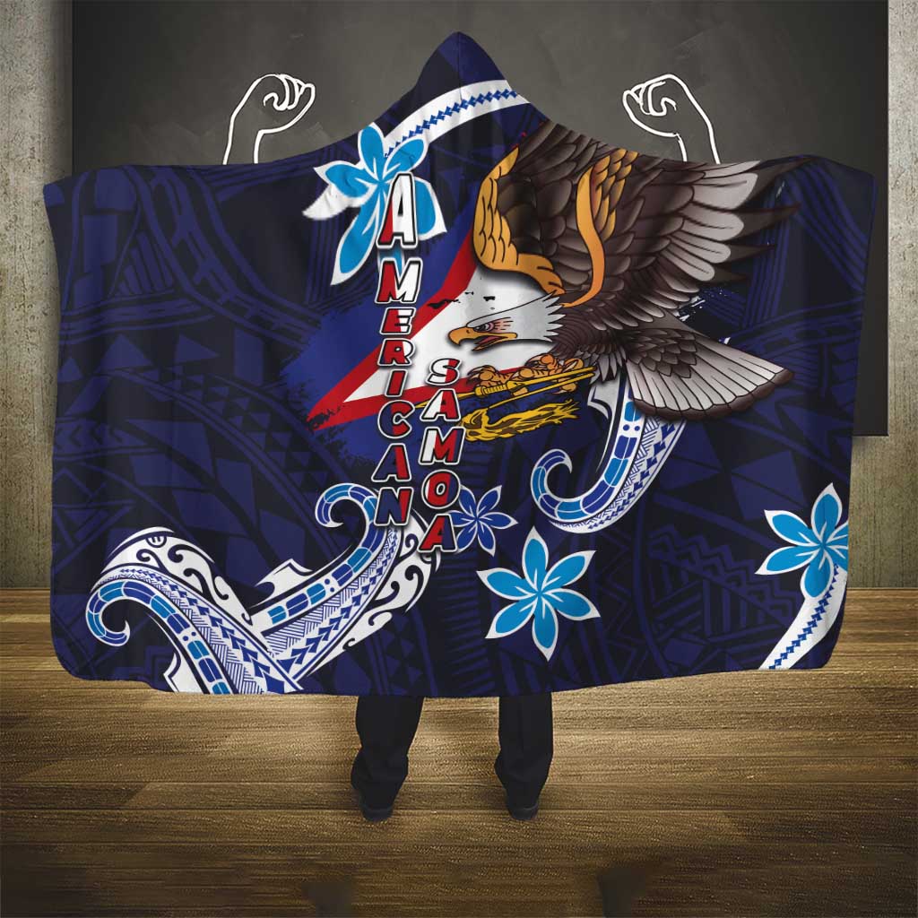American Samoa Flag Day Hooded Blanket Bald Eagle with Uatogi and Fue - Polynesian and Floral Tribal Tattoo