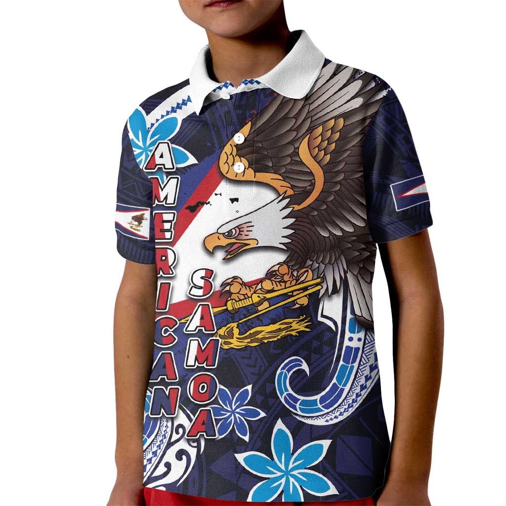 American Samoa Flag Day Kid Polo Shirt Bald Eagle with Uatogi and Fue - Polynesian and Floral Tribal Tattoo
